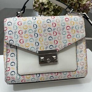 GUESS Multicolor G-Logo Satchel in White with Mixed Accent Colors